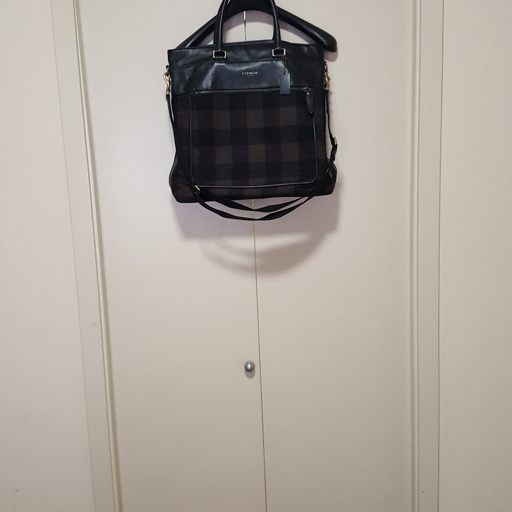 Leather and wool in plaid tote
